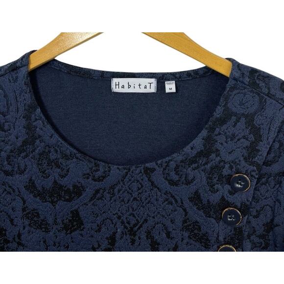 HABITAT Top Womens Blue Jacquard Medium Black Print Long Sleeve Asymmetric - Picture 4 of 12